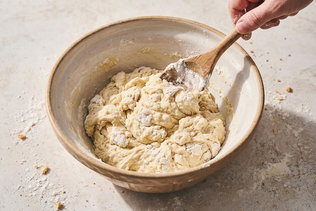 A shaggy yeast dough just brought together in a mixing bowl with a wooden spoon