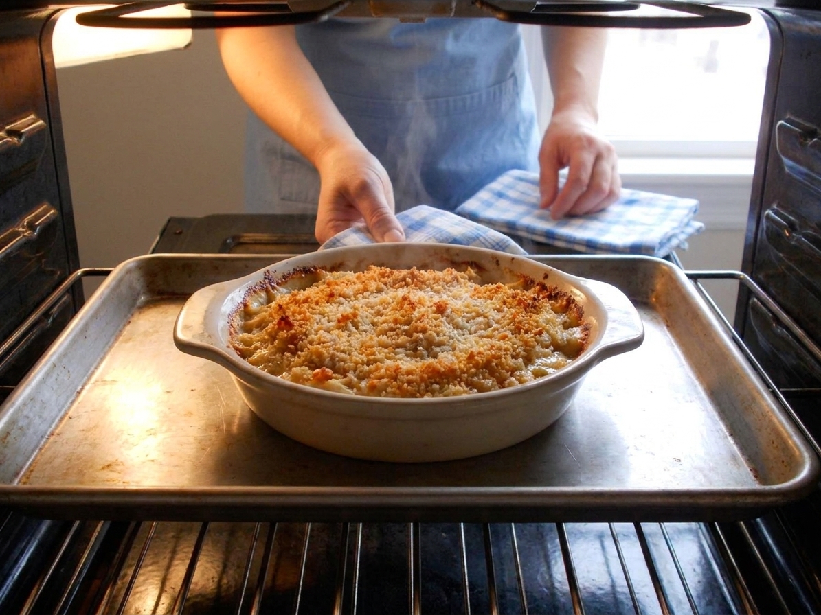 A shallow baking dish of crab imperial baking in the oven, with the topping turning golden and bubbling around the edges