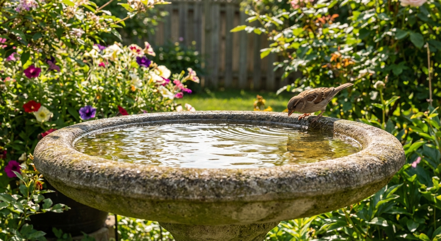 A shallow bird bath with gently rippling water in a backyard garden