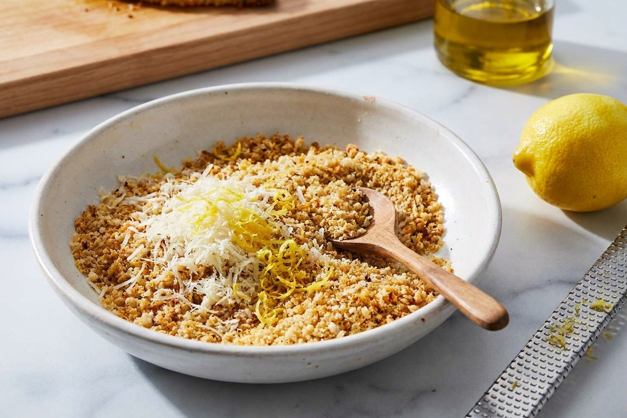 A shallow bowl filled with breadcrumbs mixed with grated Parmesan and lemon zest on a kitchen counter