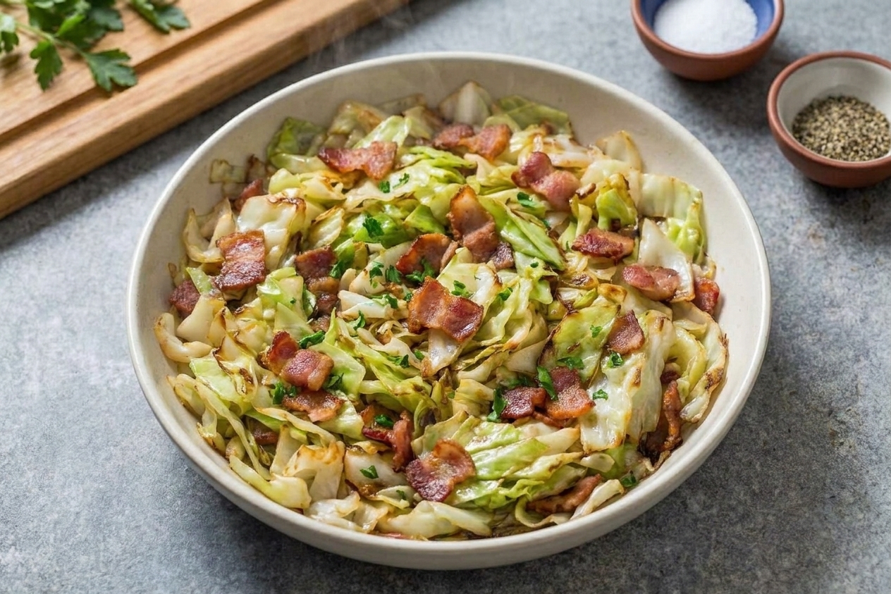 A shallow bowl filled with cabbage and bacon skillet mixture, sprinkled with parsley