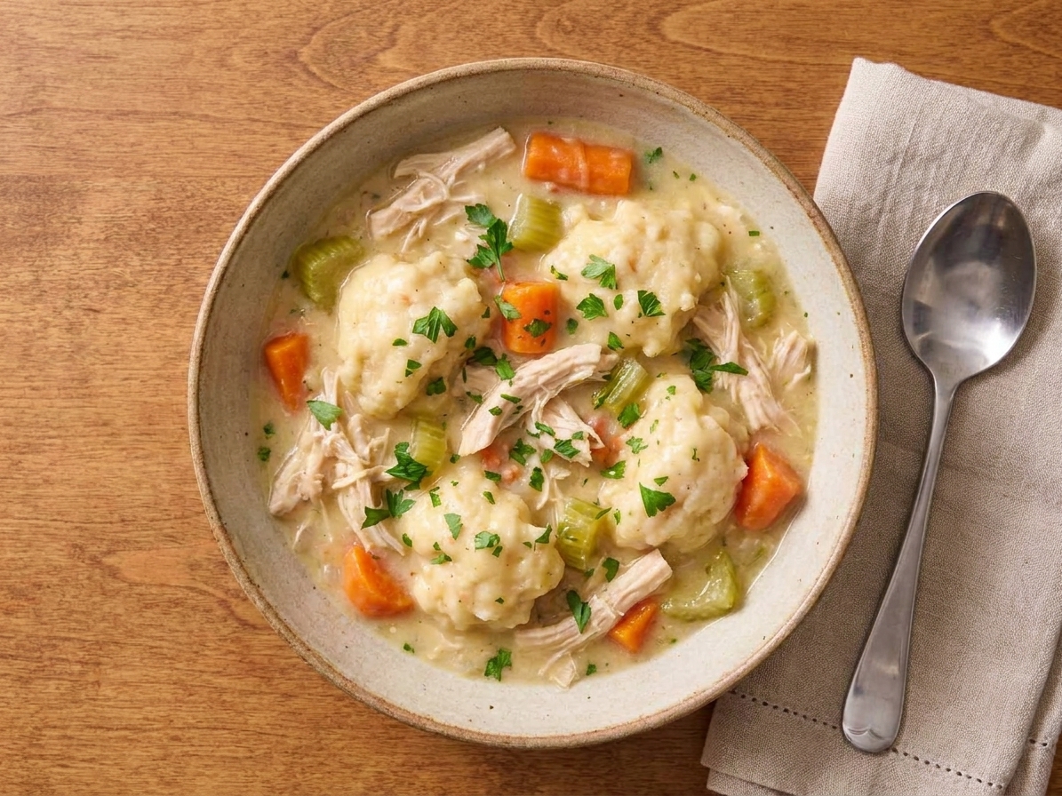 A shallow bowl filled with chicken and dumplings, topped with chopped parsley, sitting on a wooden table with a linen napkin and spoon