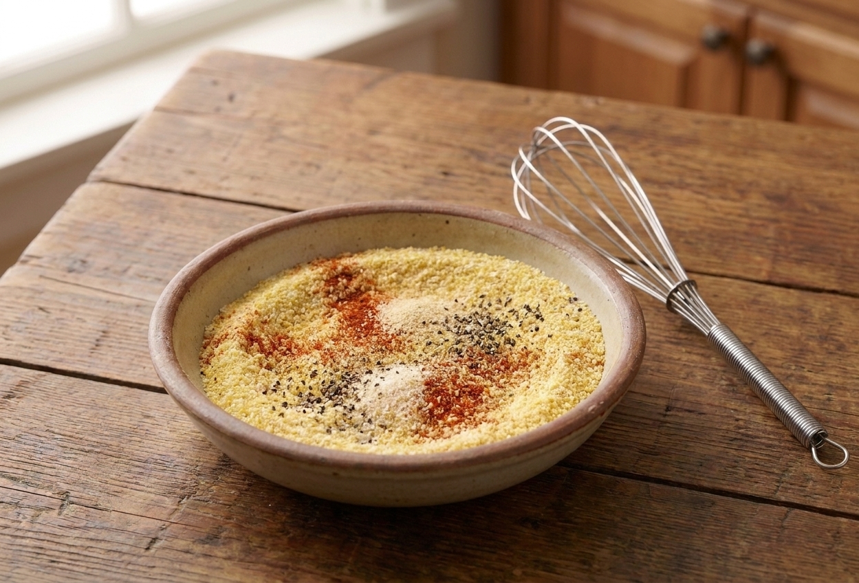 A shallow bowl filled with cornmeal dredge mixed with paprika, garlic powder, and black pepper on a kitchen counter beside a whisk