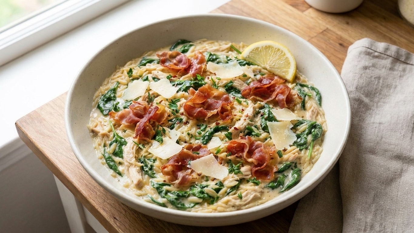 A shallow bowl filled with creamy chicken orzo topped with crispy prosciutto, parmesan shavings, and chopped herbs, with a lemon wedge on the side