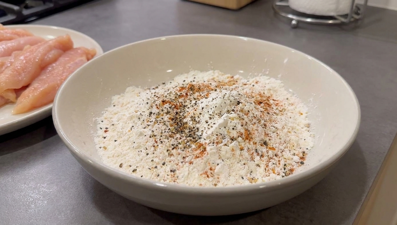 A shallow bowl filled with flour and cornstarch seasoned with black pepper and spices on a kitchen counter next to raw chicken tenders