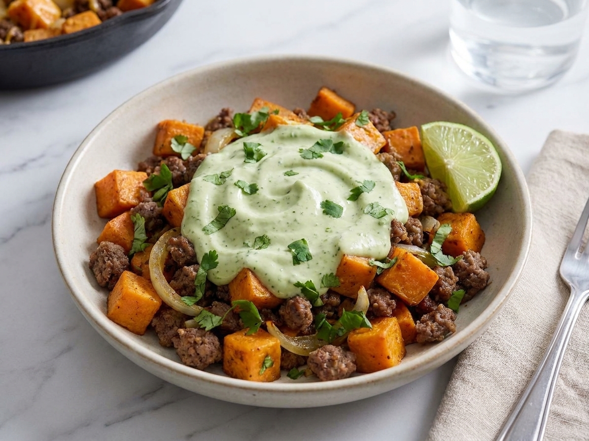 A shallow bowl filled with ground bison and sweet potato skillet mixture, topped with lime crema and cilantro, with a lime wedge on the side at a simple table setting