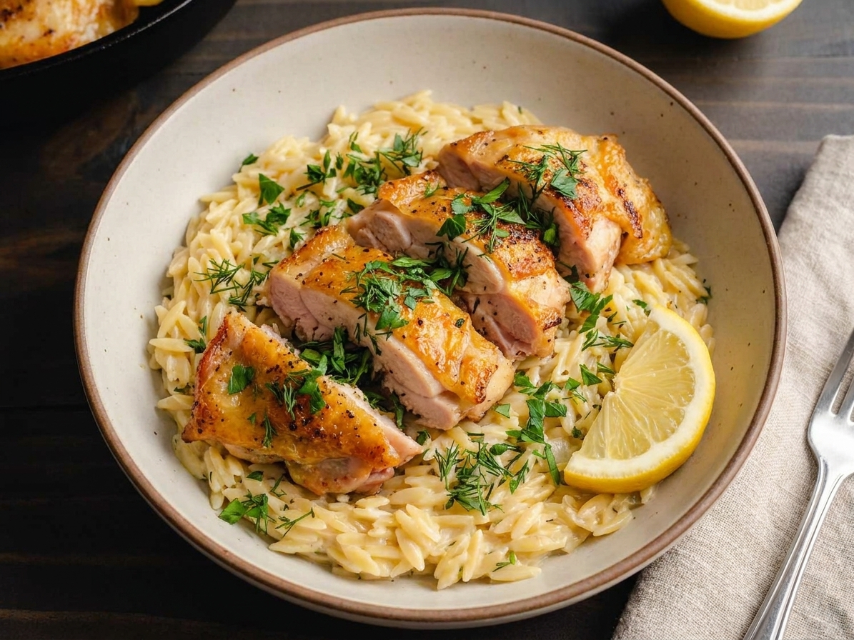 A shallow bowl filled with lemony orzo topped with sliced chicken thigh, chopped herbs, and a lemon wedge on the side