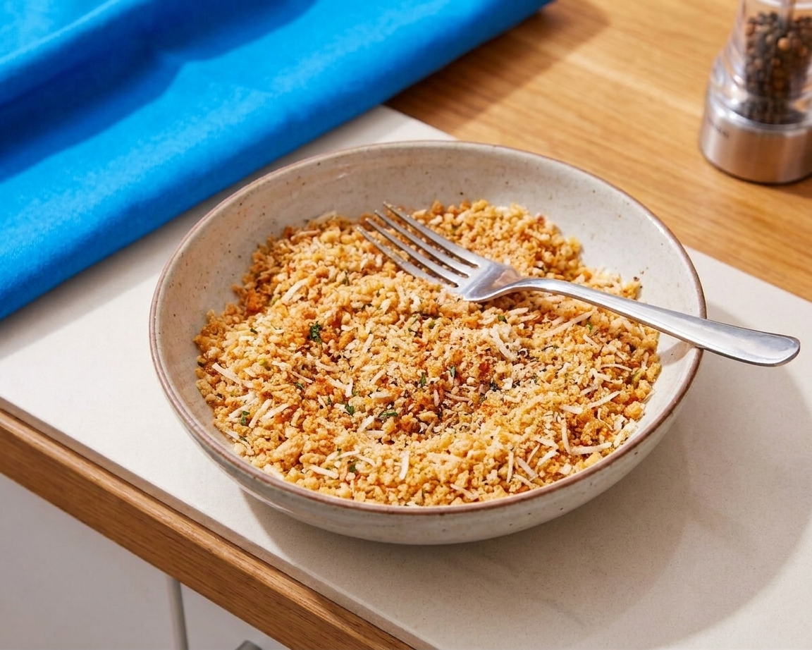 A shallow bowl filled with panko breadcrumbs, finely grated Parmesan, and spices with a fork resting in it on a kitchen counter