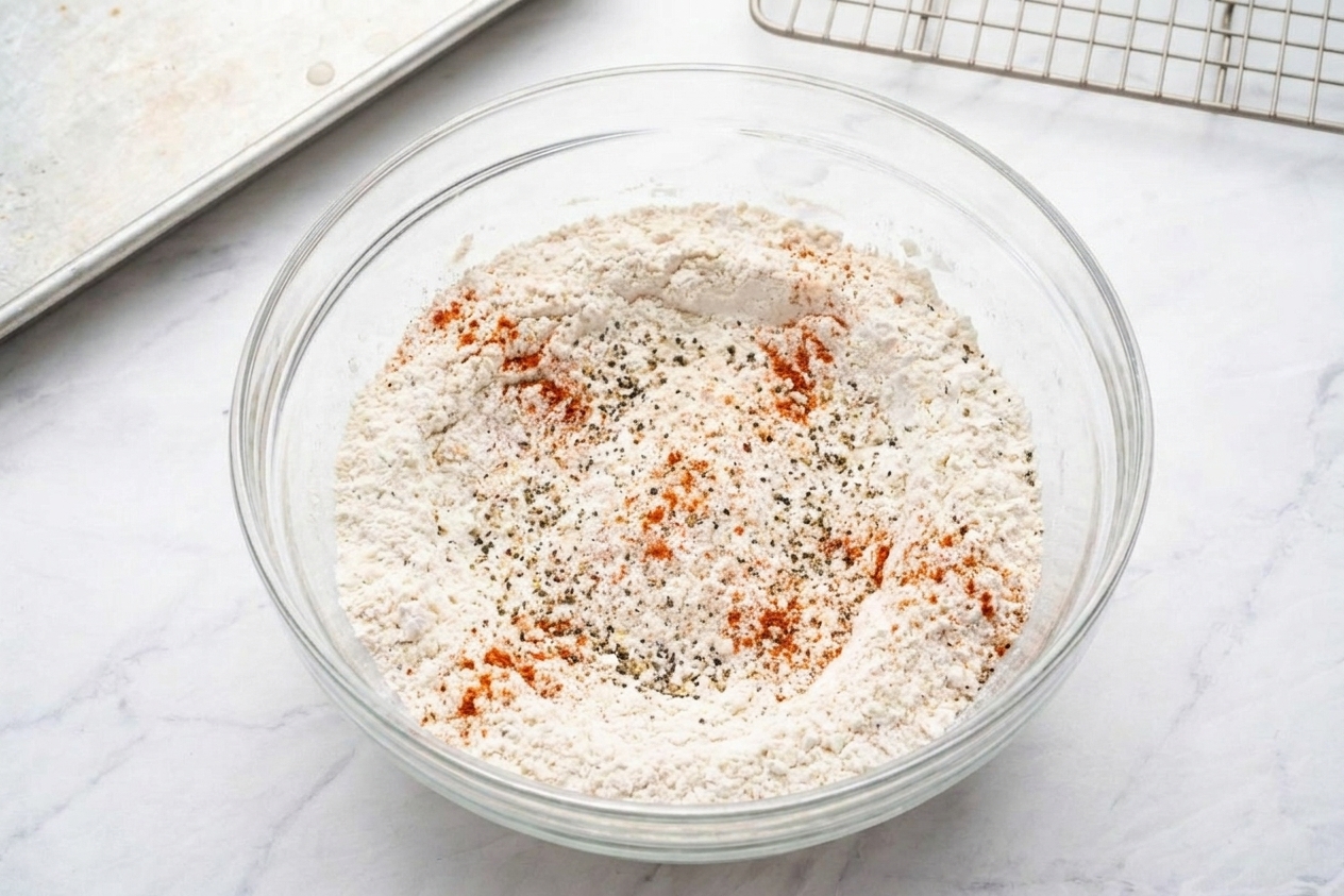 A shallow bowl filled with seasoned flour and cornstarch dredge with visible paprika and black pepper on a kitchen counter