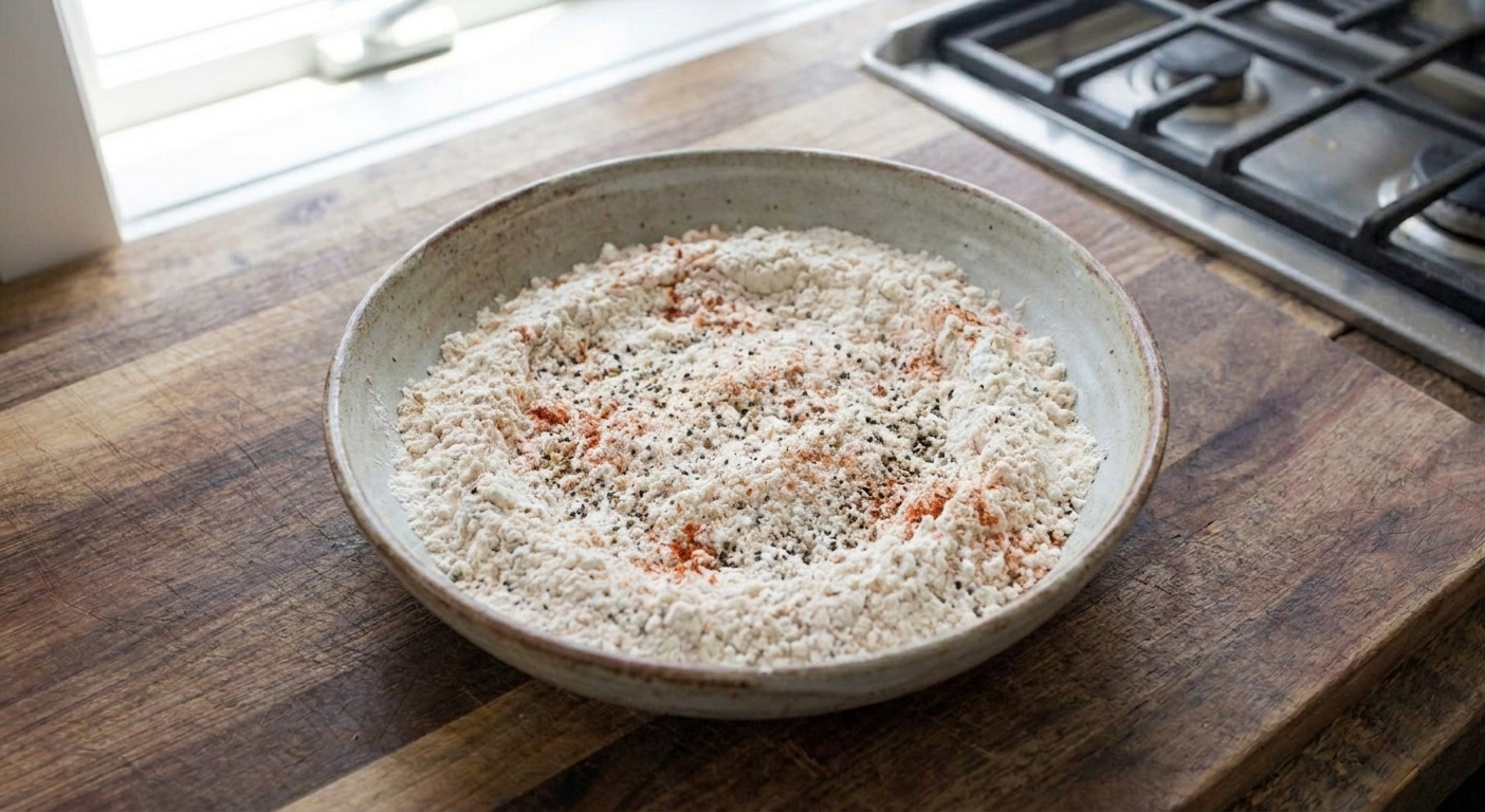 A shallow bowl filled with seasoned flour and cornstarch dredge mixture with visible specks of paprika and black pepper on a kitchen counter