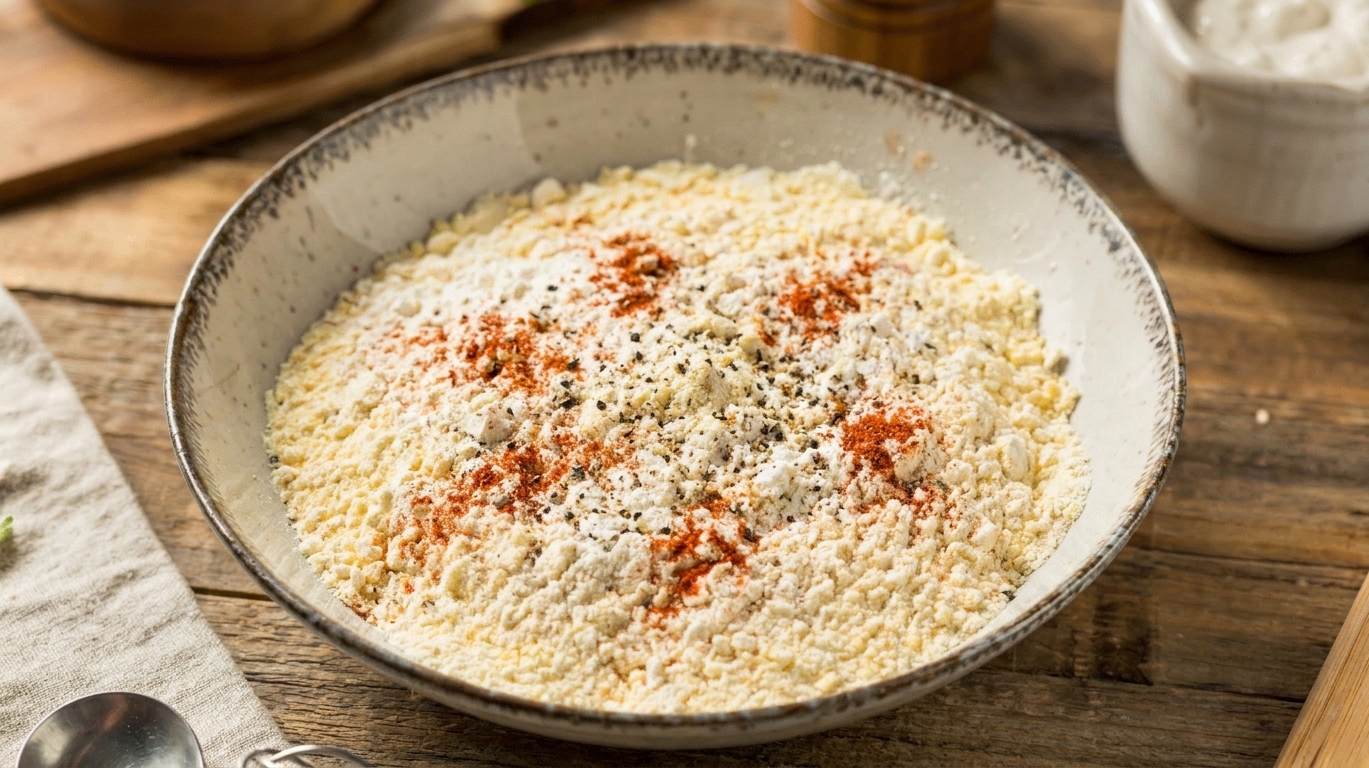 A shallow bowl filled with seasoned flour and cornstarch mixture with visible paprika and black pepper