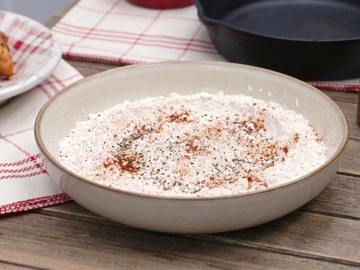 A shallow bowl filled with seasoned flour and cornstarch mixture with visible paprika and black pepper on a kitchen counter