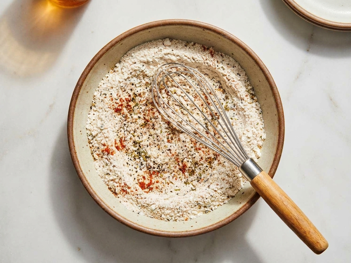 A shallow bowl filled with seasoned flour mixture for fried chicken with a whisk resting inside on a light countertop