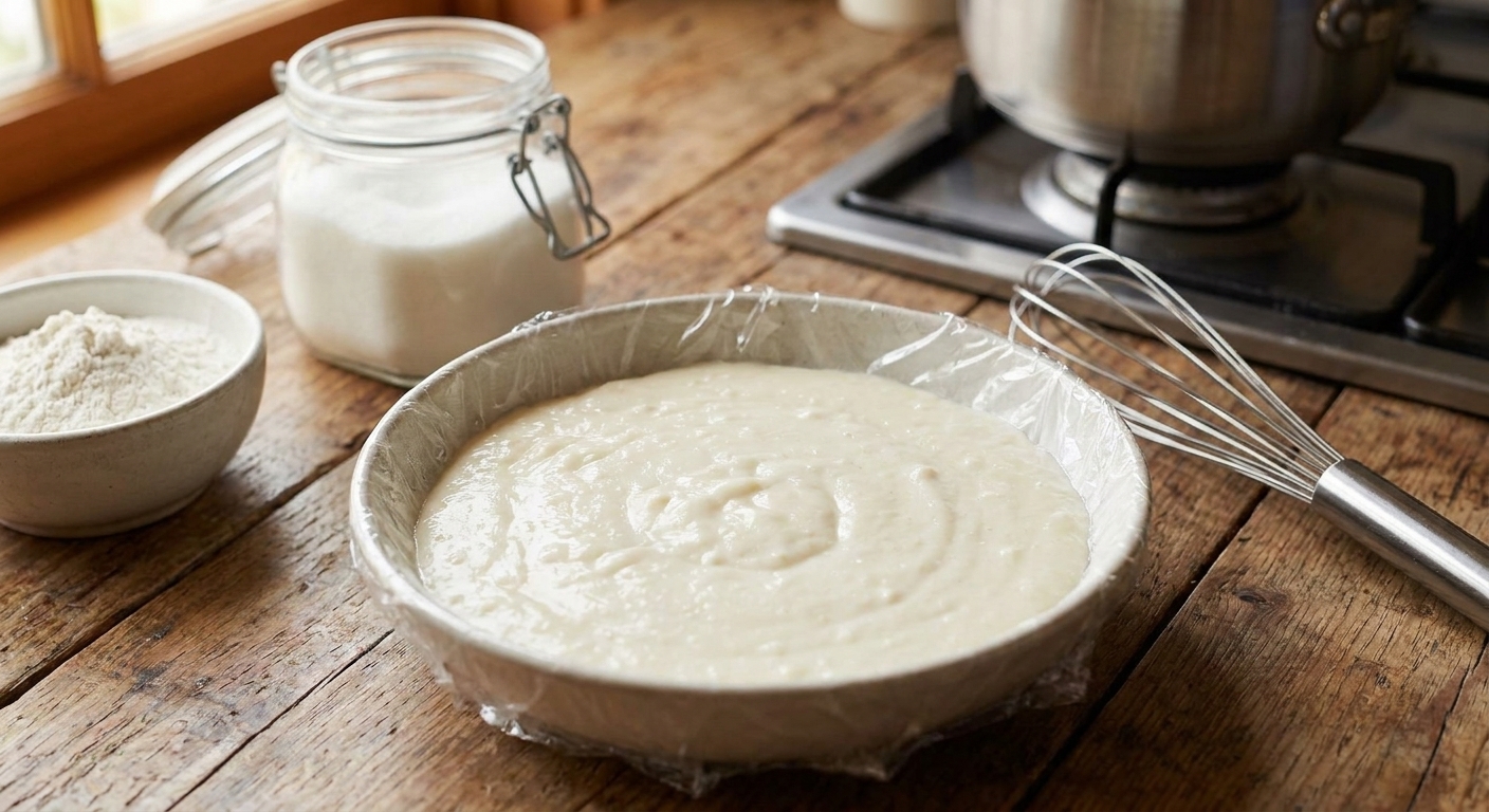 A shallow bowl filled with thick cooked milk-and-flour pudding with plastic wrap pressed directly on the surface