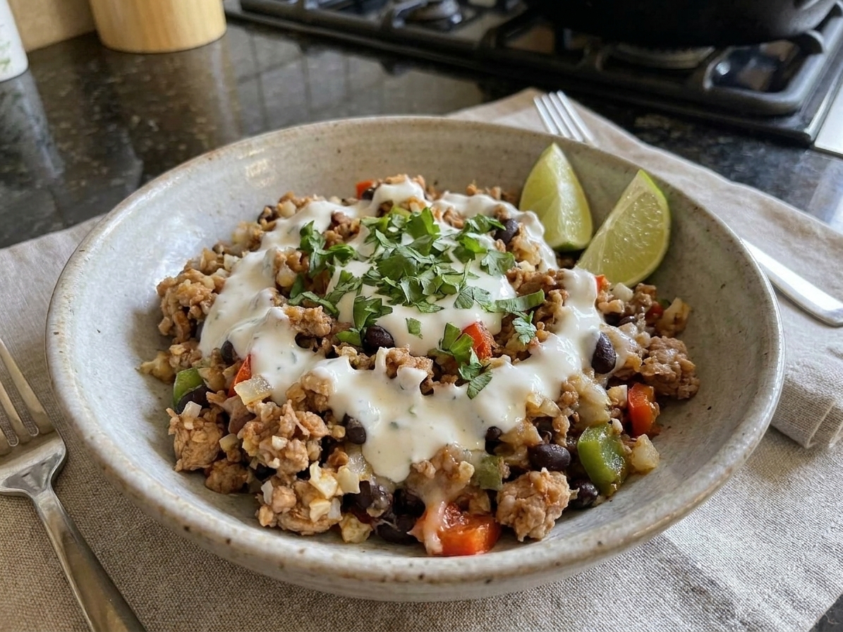A shallow bowl filled with turkey taco cauliflower rice mixture topped with a drizzle of yogurt lime sauce, chopped cilantro, and lime wedges on a simple dinner table setting