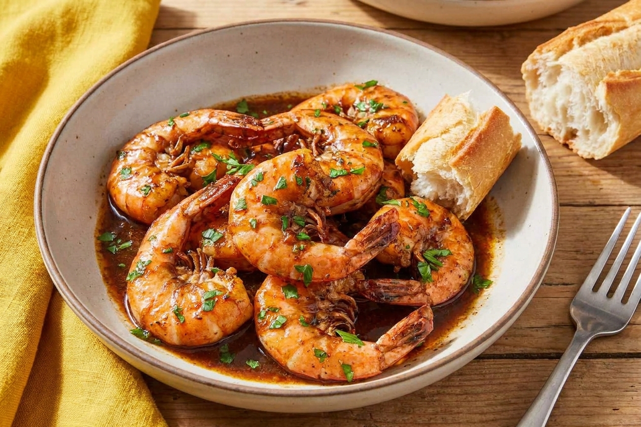 A shallow bowl of BBQ shrimp covered in buttery sauce with chopped parsley, served with crusty bread on a simple dinner table