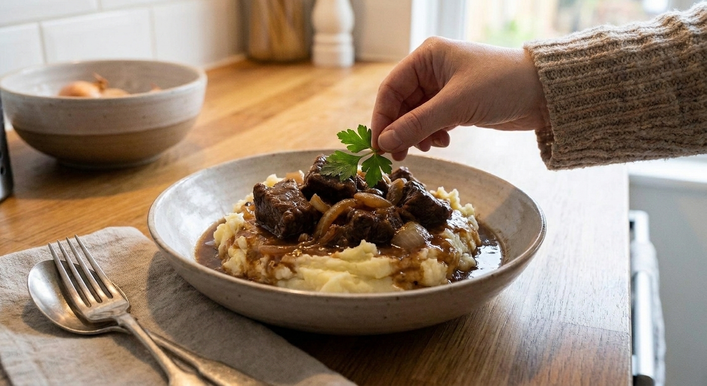 A shallow bowl of Belgian beef carbonnade spooned over creamy mashed potatoes, with glossy dark gravy and soft onions, on a simple dinner table