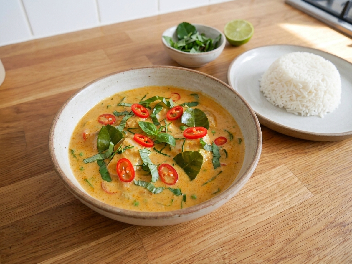 A shallow bowl of Cambodian fish amok curry topped with sliced red chile and fresh herbs, with jasmine rice on the side on a warm-toned kitchen table