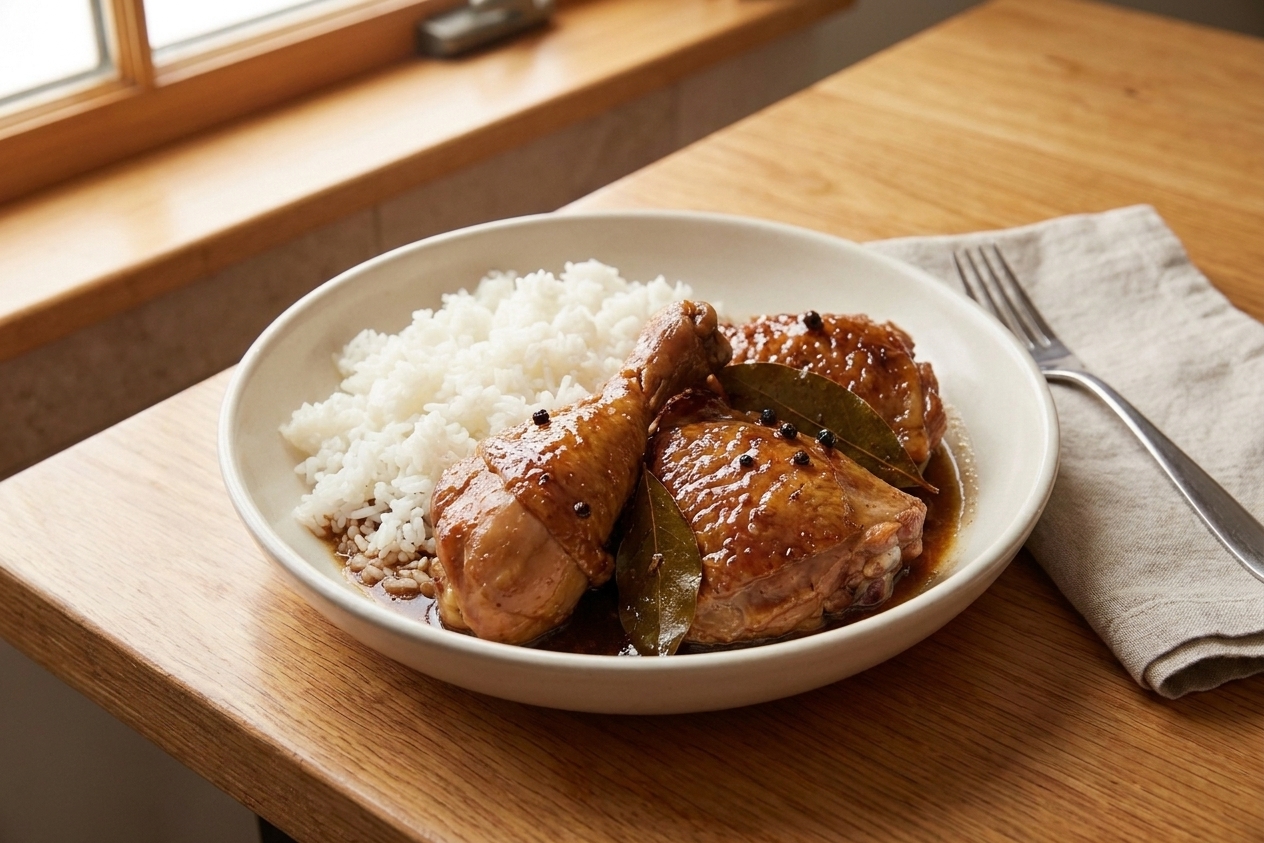 A shallow bowl of Filipino chicken adobo with glossy brown sauce, bay leaves, and cracked black pepper, served with steamed white rice on a warm-toned wooden table