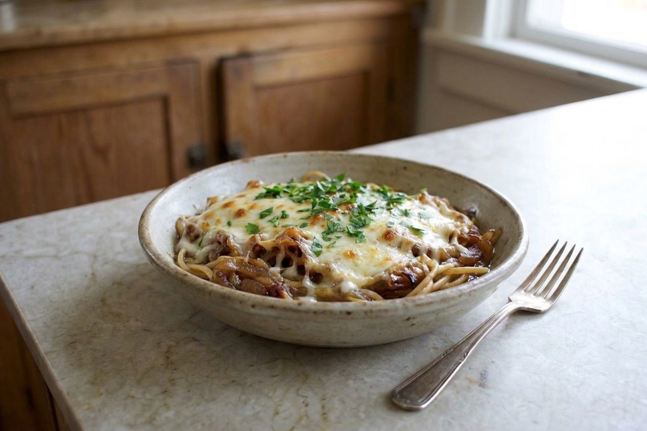 A shallow bowl of French onion pasta with melted cheese, caramelized onions, and parsley on top, set on a simple dinner table with a fork beside it