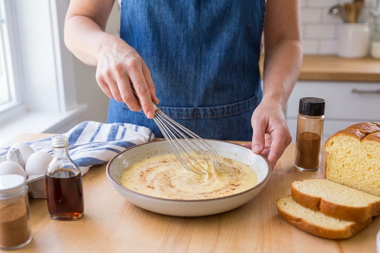 A shallow bowl of French toast custard being whisked until smooth on a kitchen counter