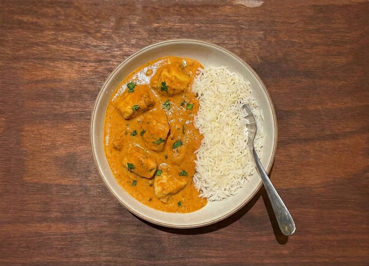 A shallow bowl of Instant Pot butter chicken with tender chicken pieces in a creamy orange tomato sauce, sprinkled with cilantro, served with basmati rice on a warm wood table