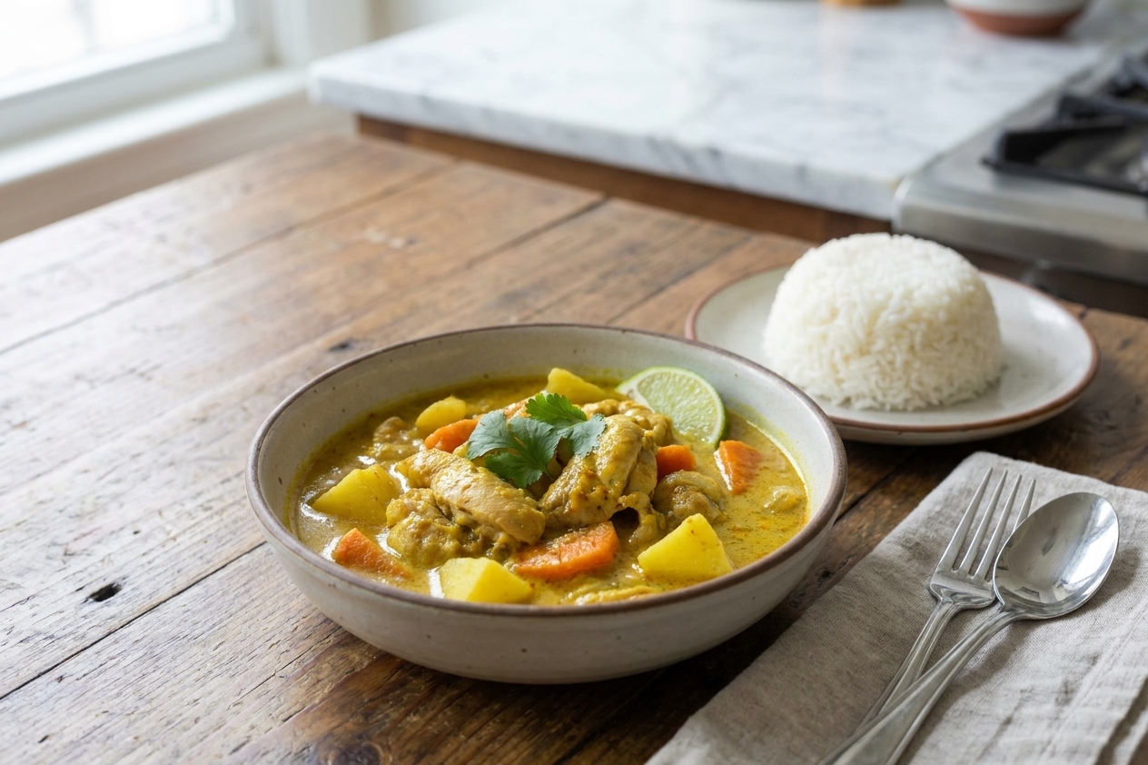 A shallow bowl of Thai-style yellow curry with chicken, potatoes, and carrots in a golden coconut sauce, served with jasmine rice on a warm-toned kitchen table