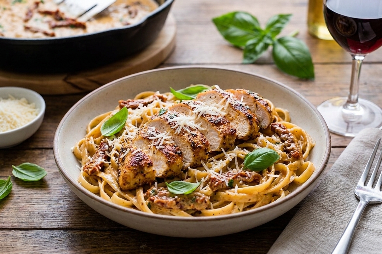 A shallow bowl of Tuscan chicken pasta topped with sliced chicken, grated Parmesan, and fresh basil on a dinner table