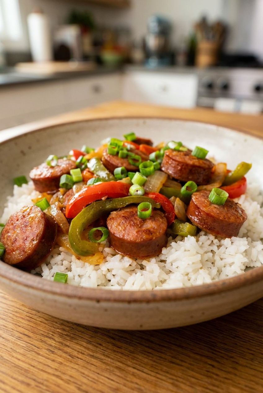 A shallow bowl of andouille sausage and peppers served over white rice with sliced scallions on top