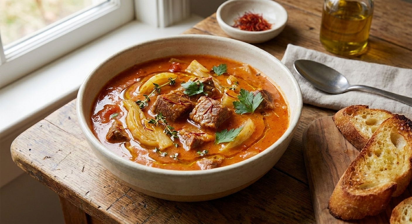 A shallow bowl of beef bouillabaisse-style stew with a saffron-tomato broth, tender beef pieces, fennel, and herbs, served with toasted baguette on a rustic table
