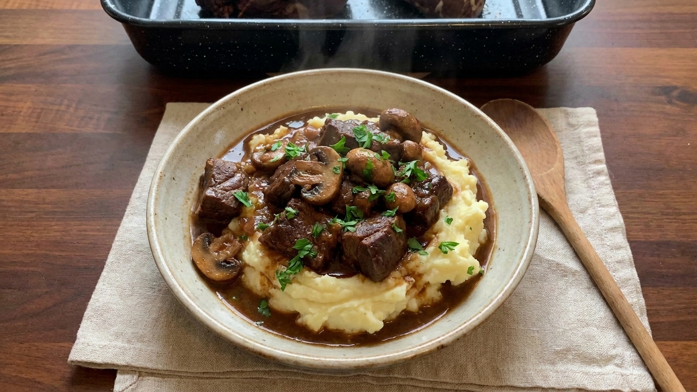 A shallow bowl of braised beef heart and mushrooms served over mashed potatoes with parsley on top, set on a wooden table with a linen napkin