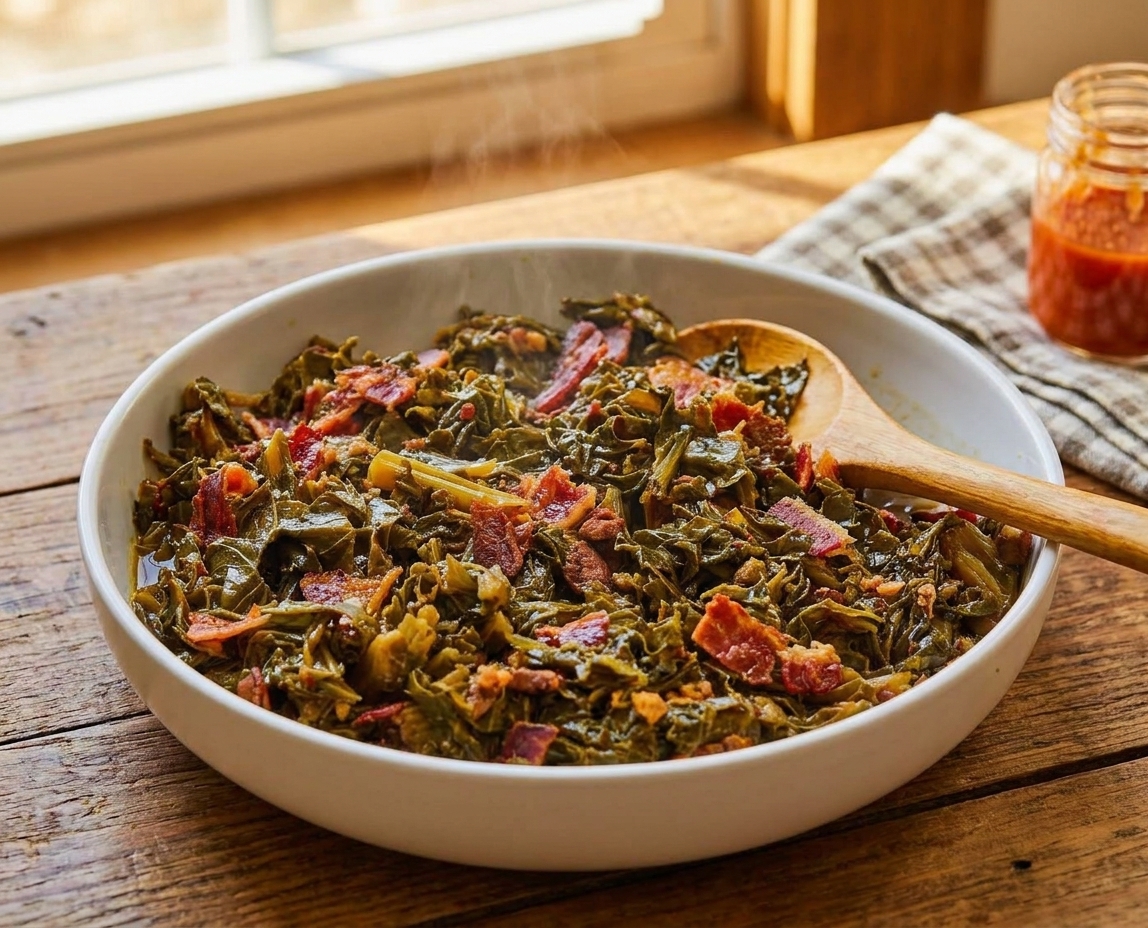 A shallow bowl of braised turnip greens with crisp bacon pieces and a glossy pot liquor, served on a rustic wooden table with a spoon