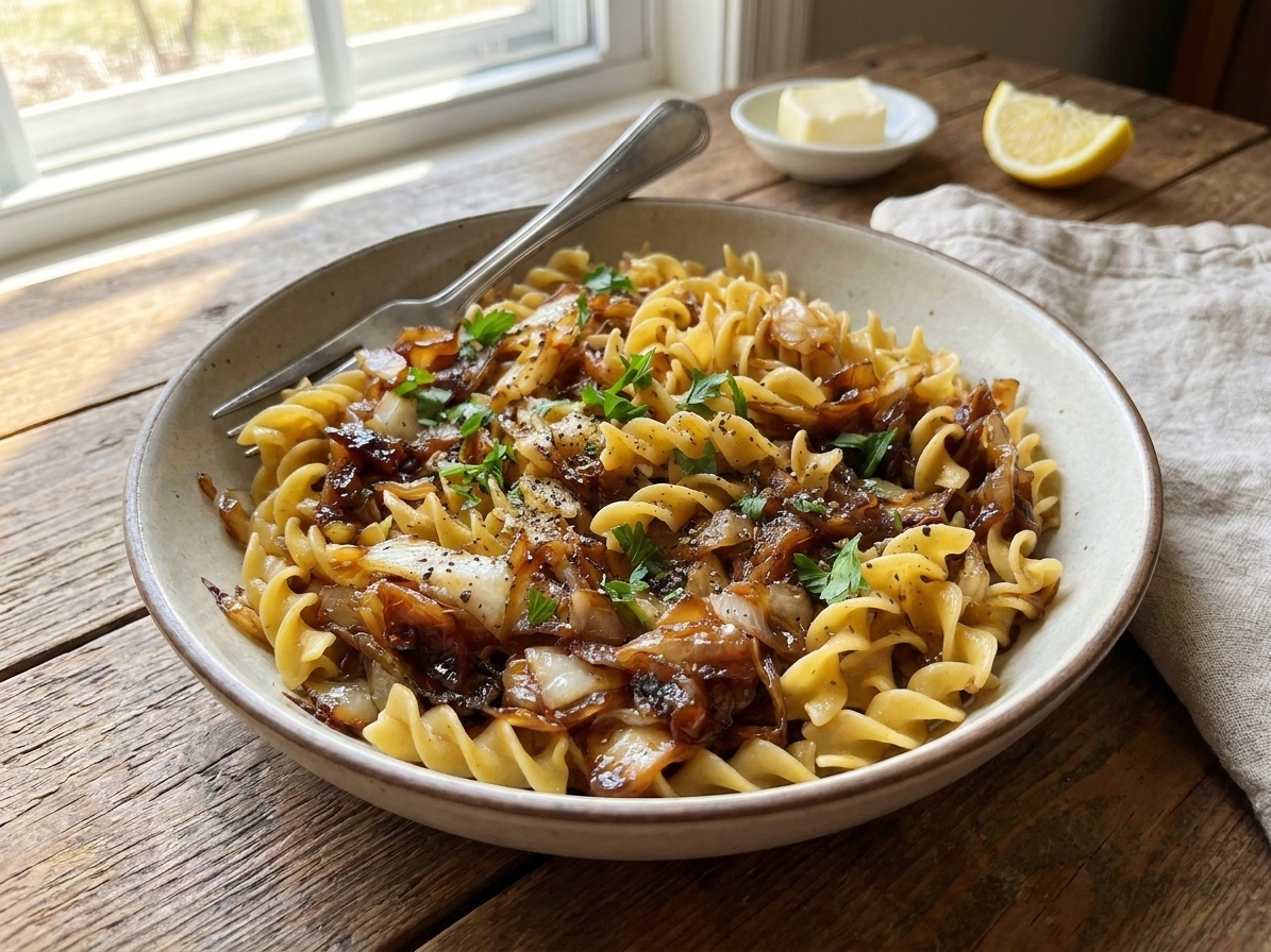 A shallow bowl of browned cabbage and egg noodles garnished with parsley and black pepper on a simple dinner table setting