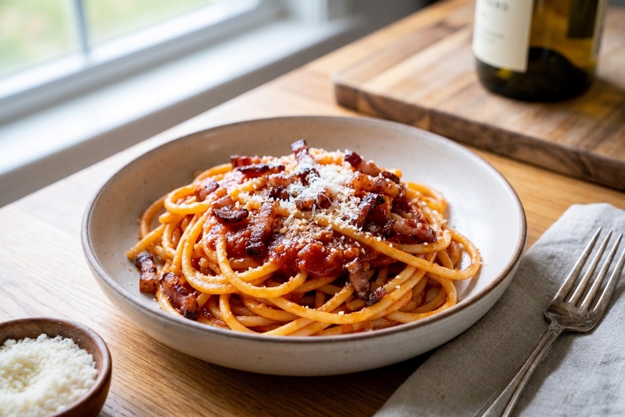 A shallow bowl of bucatini all’amatriciana with glossy tomato sauce, crisp guanciale bits, and freshly grated pecorino romano on top, set on a warm kitchen table with natural window light