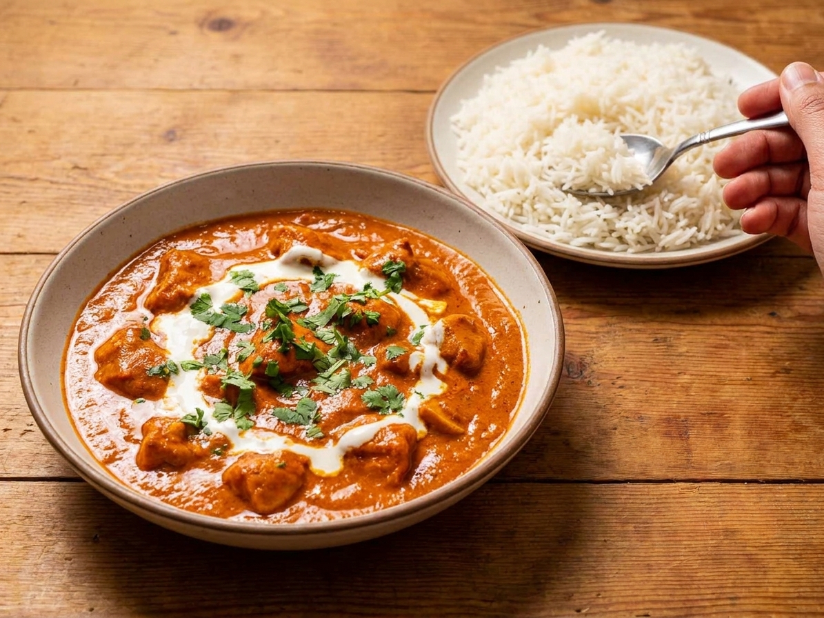 A shallow bowl of butter chicken with a glossy orange-red tomato cream sauce, topped with a small swirl of cream and chopped cilantro, served with basmati rice on a warm wooden table