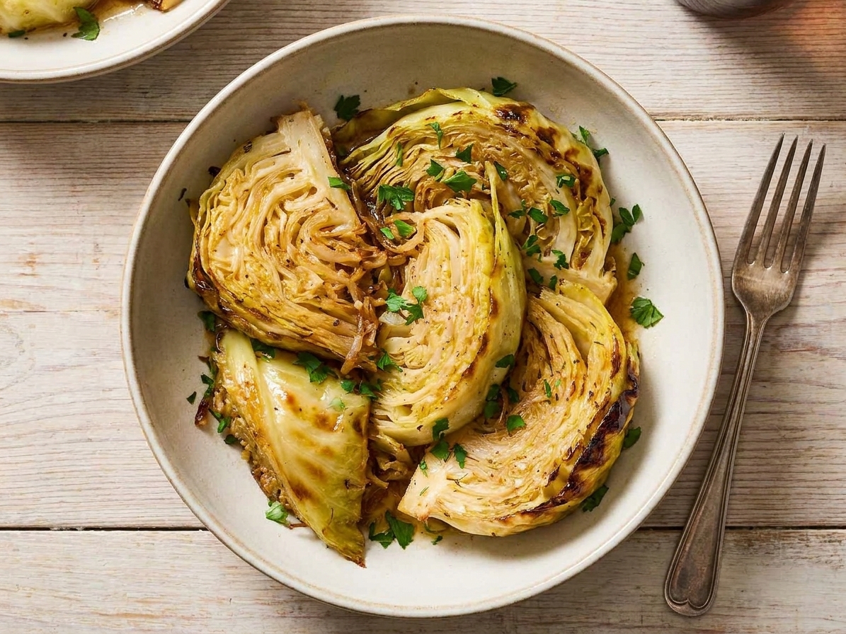 A shallow bowl of buttery melted cabbage with browned edges, sprinkled with chopped parsley, set on a simple wooden table with a fork beside it