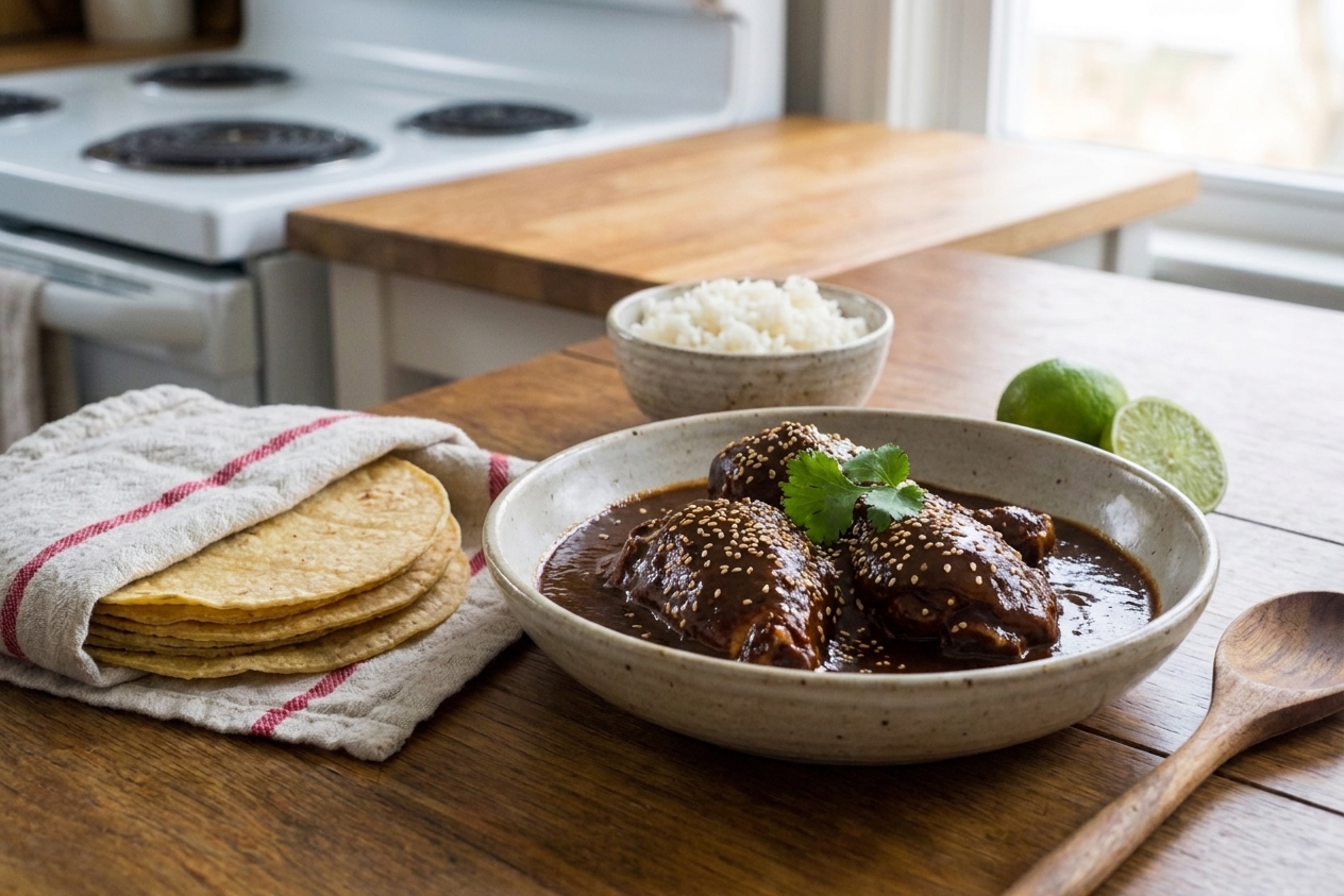 A shallow bowl of chicken covered in glossy dark mole sauce, topped with sesame seeds, served with warm tortillas on a wood table in soft natural light