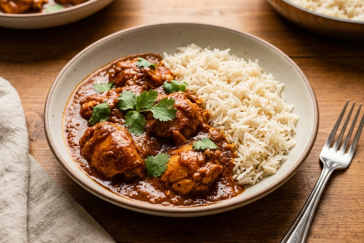 A shallow bowl of chicken masaledar with a glossy reddish-brown masala sauce, finished with cilantro, served with basmati rice on a warm, neutral dinner table