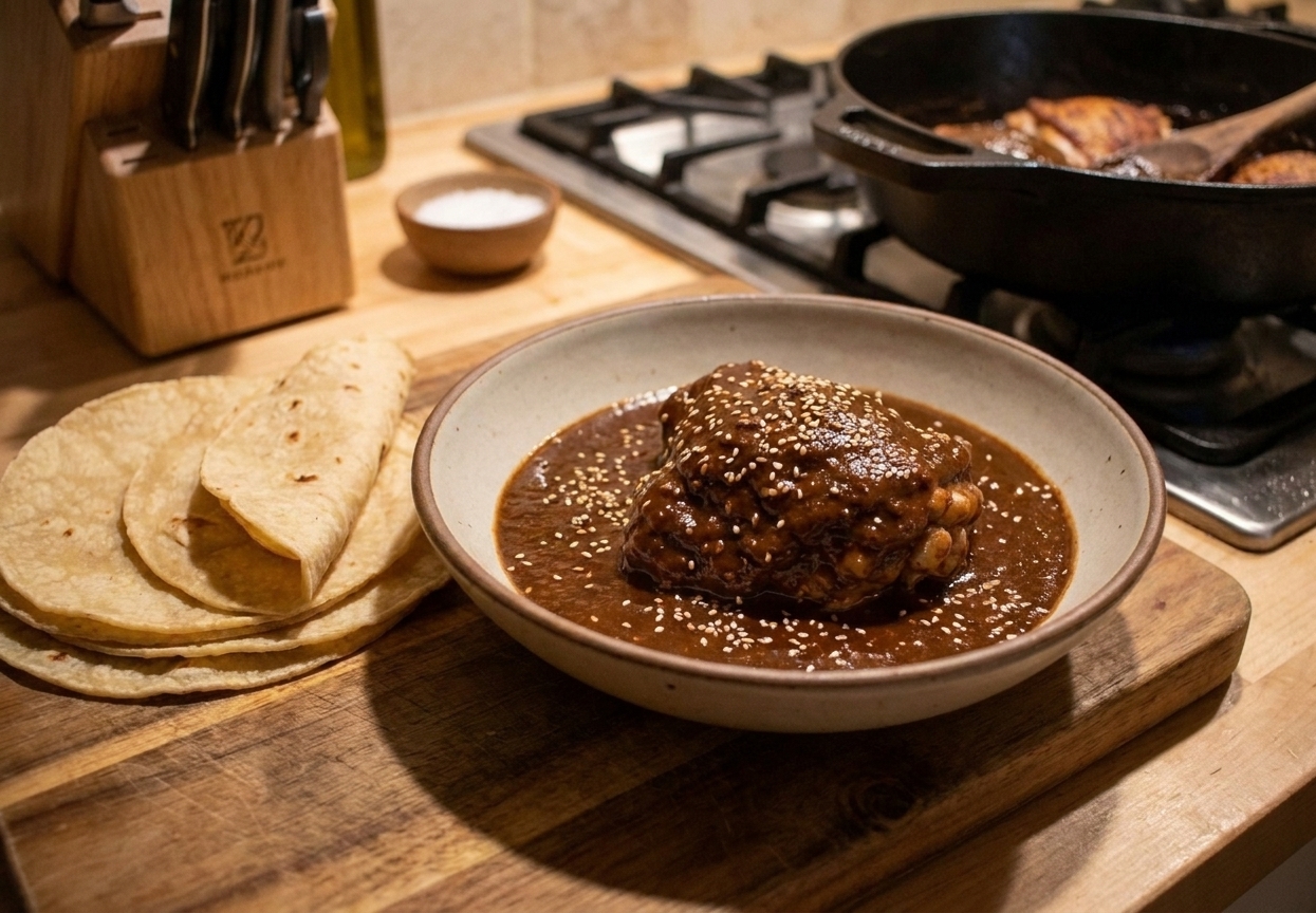 A shallow bowl of chicken mole with glossy dark sauce, sesame seeds sprinkled on top, and warm tortillas on a wooden board in a softly lit home kitchen