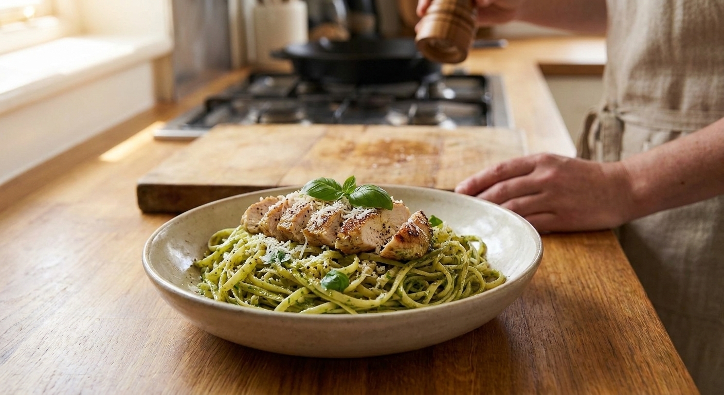 A shallow bowl of chicken pesto pasta with sliced chicken breast, glossy basil pesto sauce, grated Parmesan, and cracked black pepper on a wooden table with soft natural light