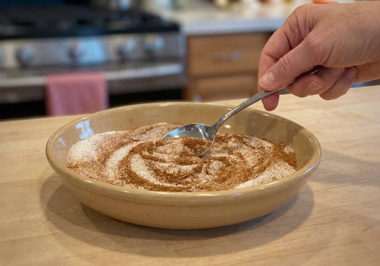 A shallow bowl of cinnamon sugar being mixed with a spoon on a kitchen counter