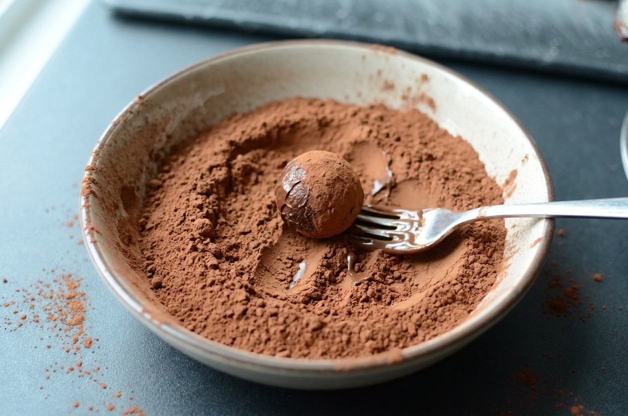 A shallow bowl of cocoa powder with a chocolate truffle being rolled through it using a fork on a clean kitchen counter