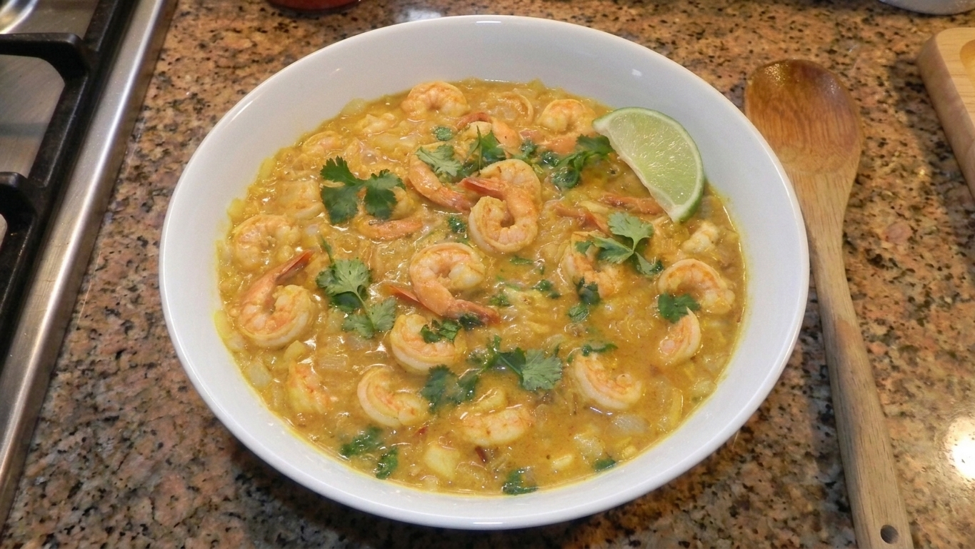 A shallow bowl of coconut shrimp curry with pink shrimp in a golden sauce, topped with cilantro and lime wedges on a light stone tabletop