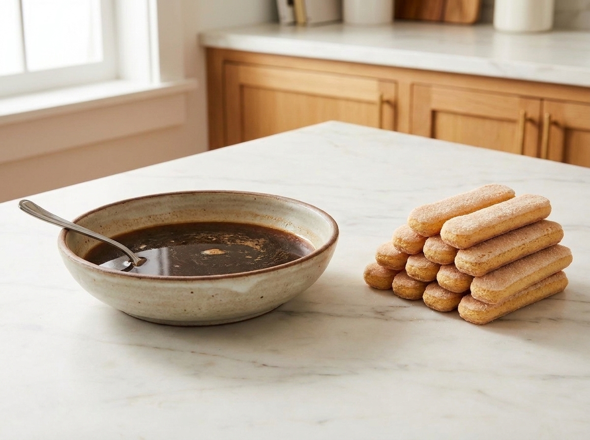 A shallow bowl of cooled espresso next to a stack of ladyfingers on a clean kitchen counter, ready for dipping