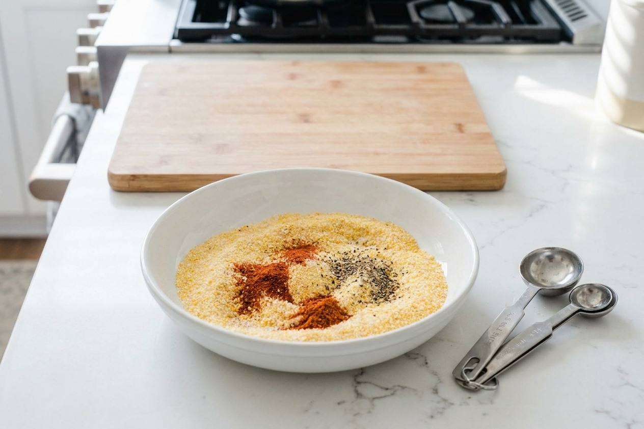 A shallow bowl of cornmeal mixed with spices on a kitchen counter with measuring spoons nearby