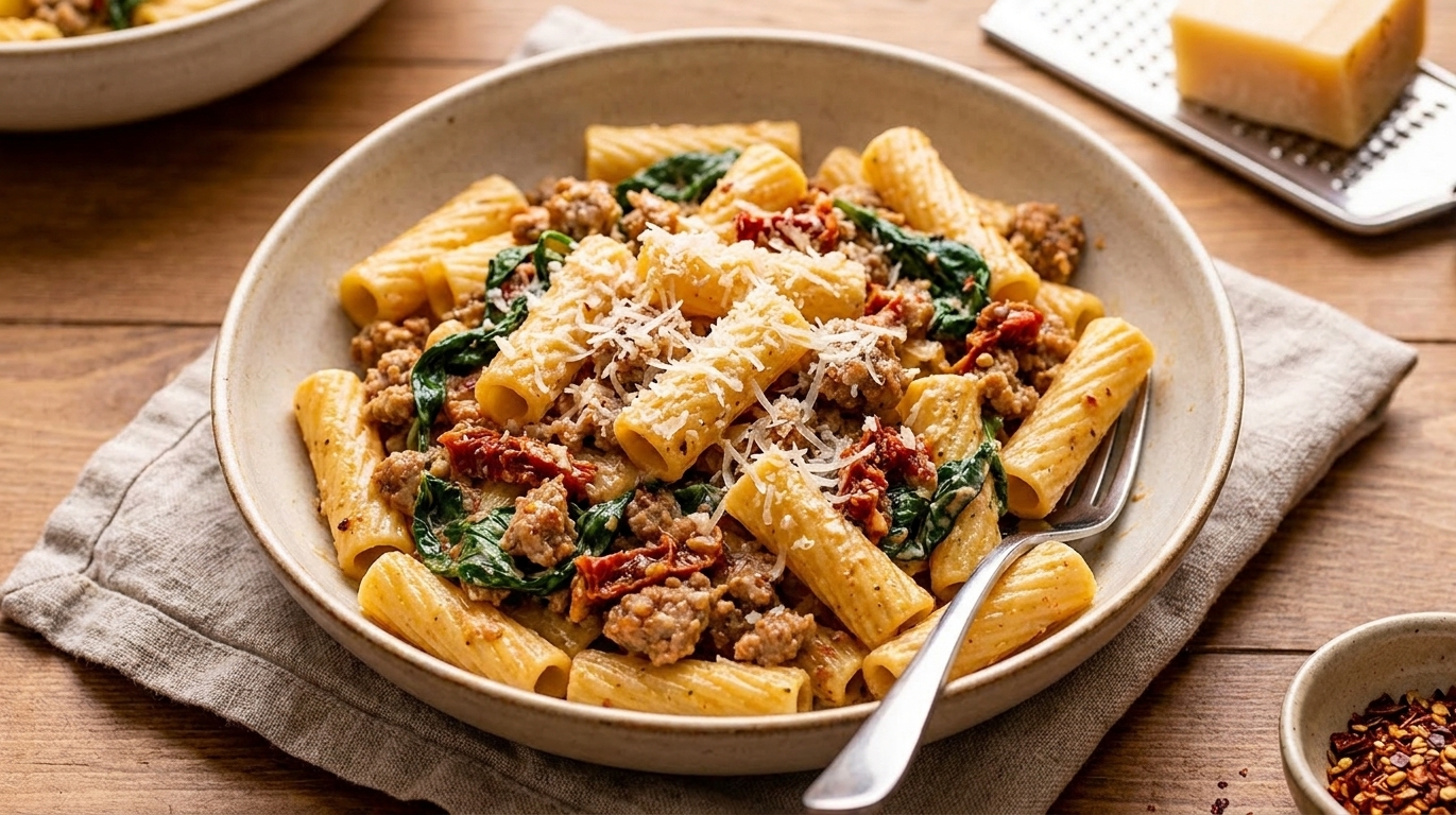 A shallow bowl of creamy Tuscan pasta with crumbled browned Italian sausage, wilted spinach, and sun-dried tomatoes, finished with grated Parmesan on a linen napkin set on a warm-toned wooden table
