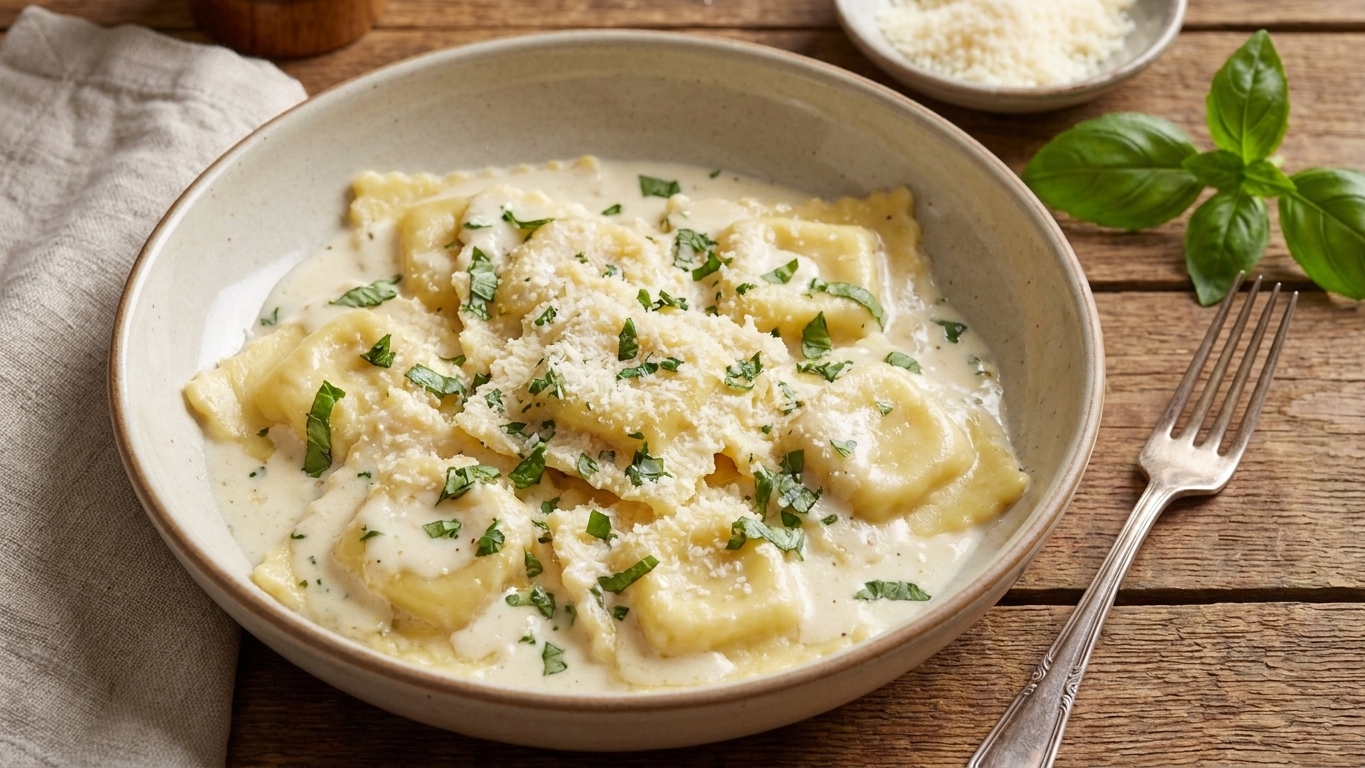 A shallow bowl of creamy Tuscan ravioli topped with grated Parmesan and chopped basil on a wooden table with a fork beside it