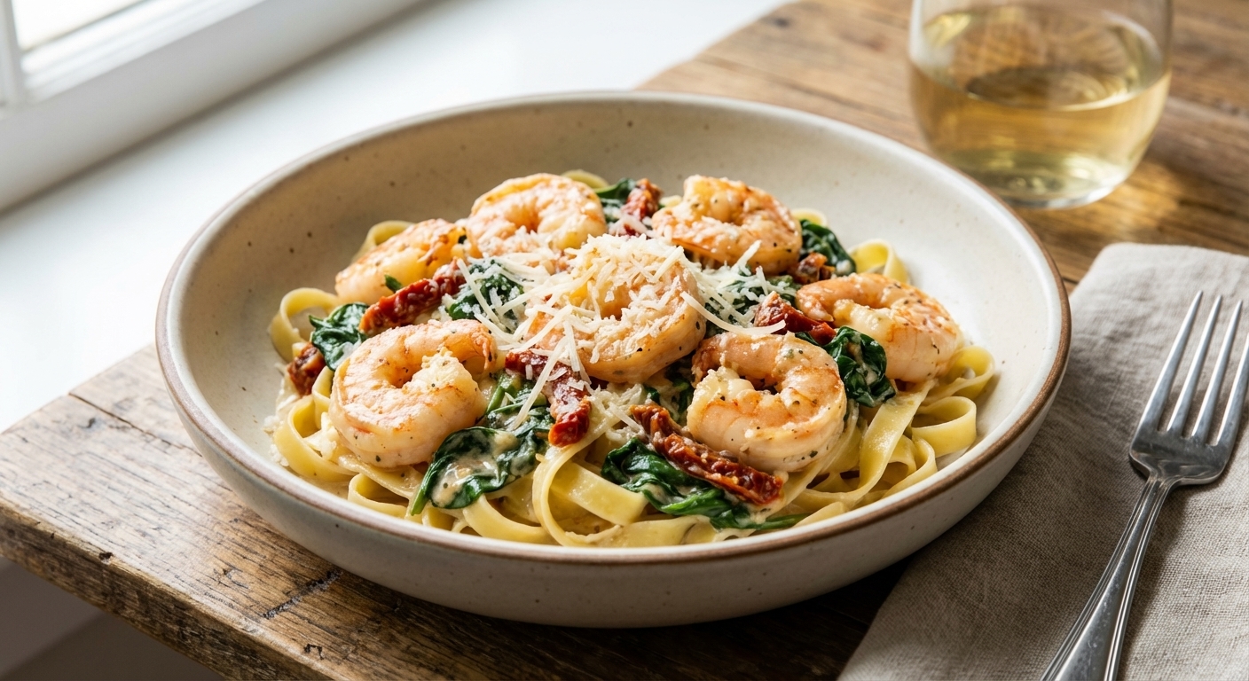 A shallow bowl of creamy Tuscan shrimp with jumbo shrimp in a garlic Parmesan cream sauce, sun-dried tomatoes, and wilted spinach, served over pasta with a sprinkle of grated Parmesan, photographed in natural window light