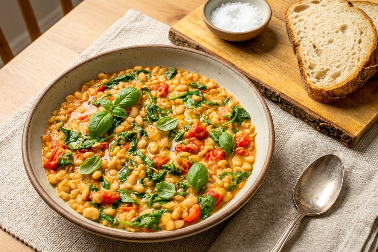 A shallow bowl of creamy Tuscan white beans with spinach and burst tomatoes, topped with fresh basil on a simple table setting