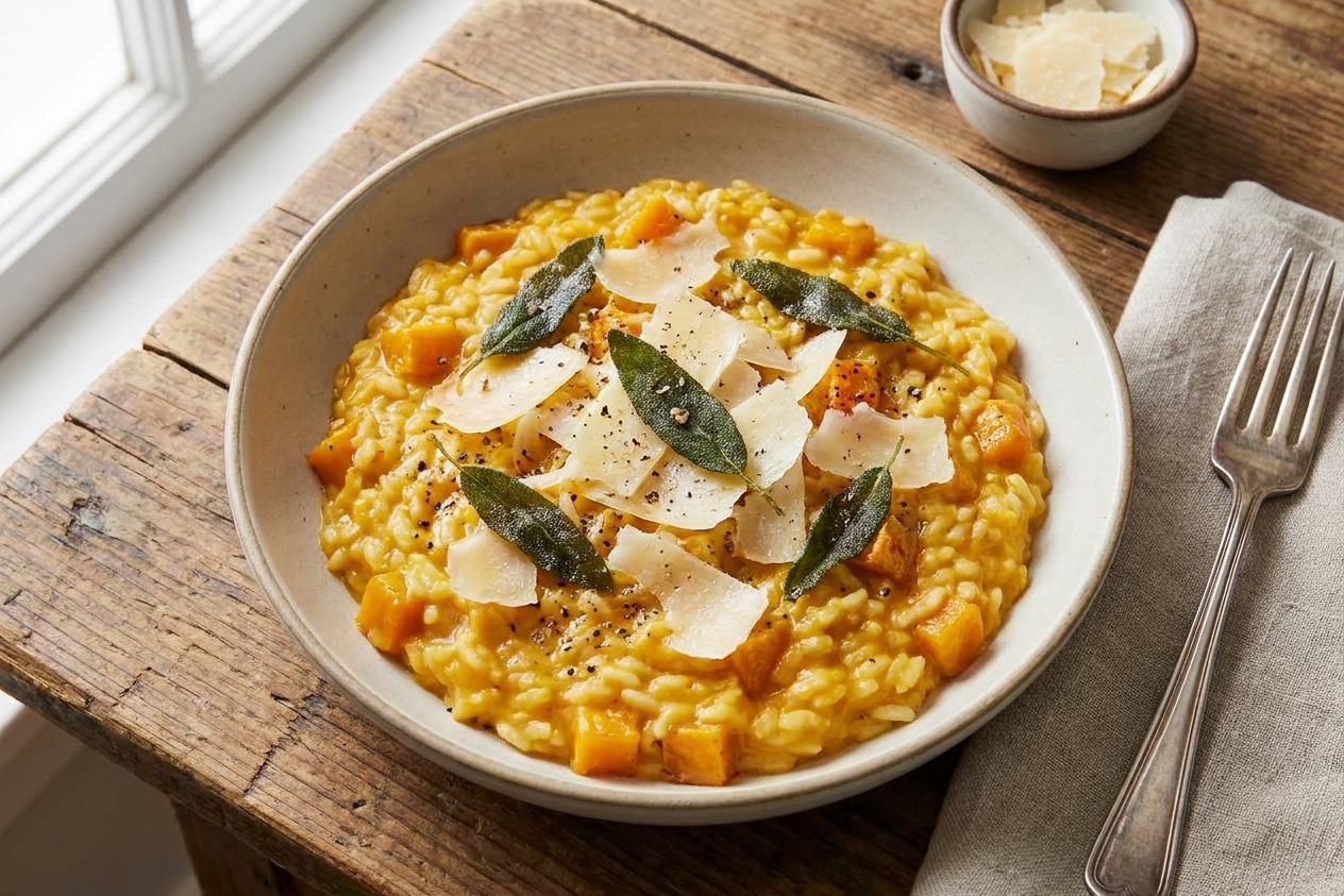 A shallow bowl of creamy butternut squash risotto topped with shaved Parmesan, fried sage leaves, and cracked black pepper on a wooden table with soft natural light